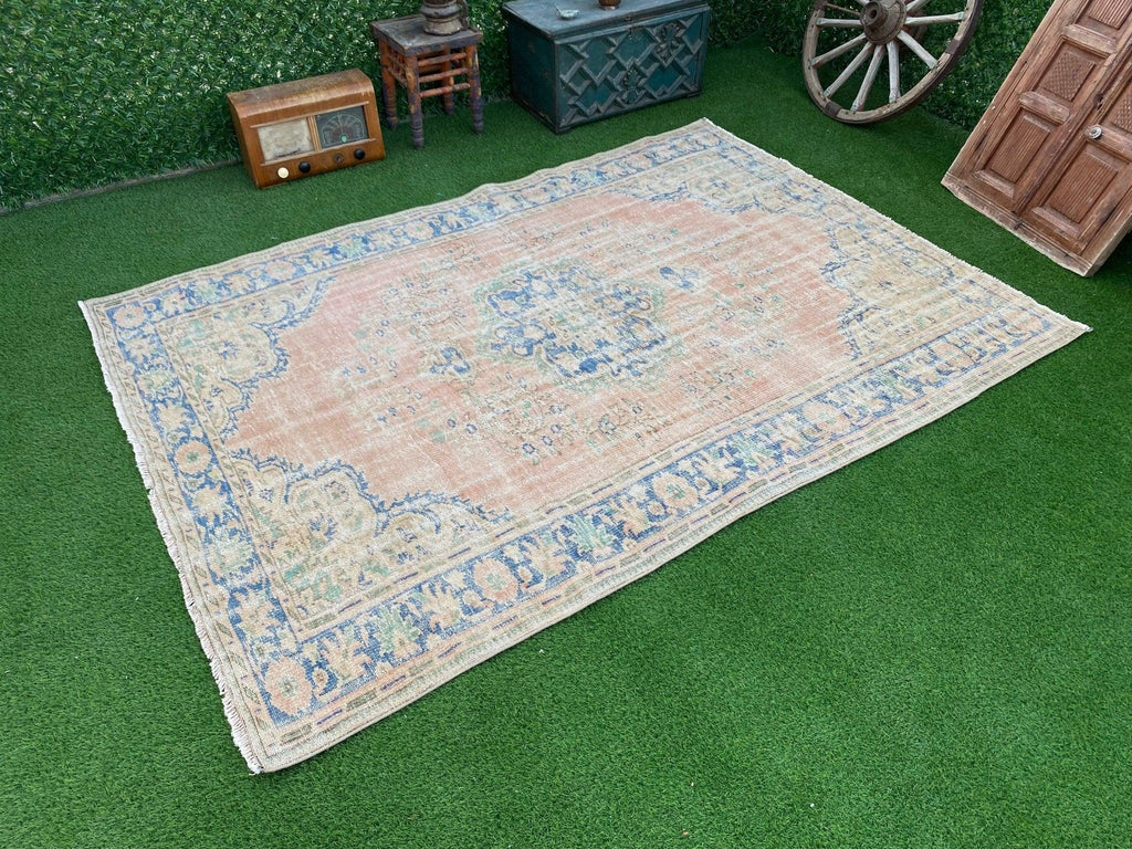muted oushak rug, pink and blue hand knotted turkish carpet, size 6' x 8'3'' feet, #TR5260